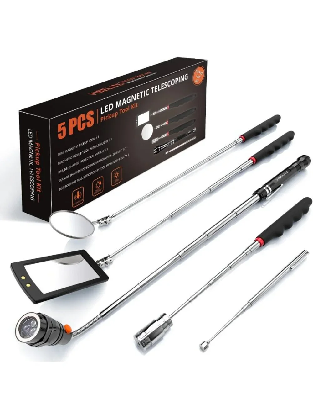 Magnetic Pickup Tool Kit with LED Light & Inspection Mirror for Easy Retrieval